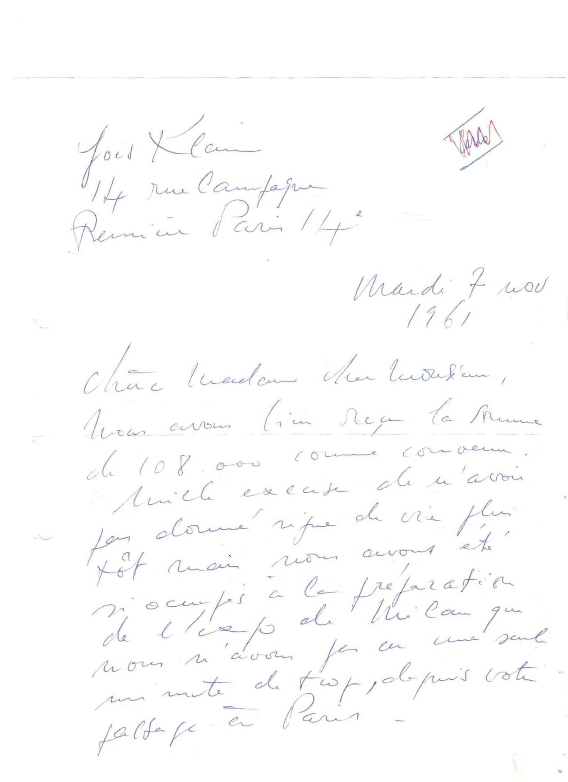 Letter fom Yves Klein to Gallery Ad Libitum